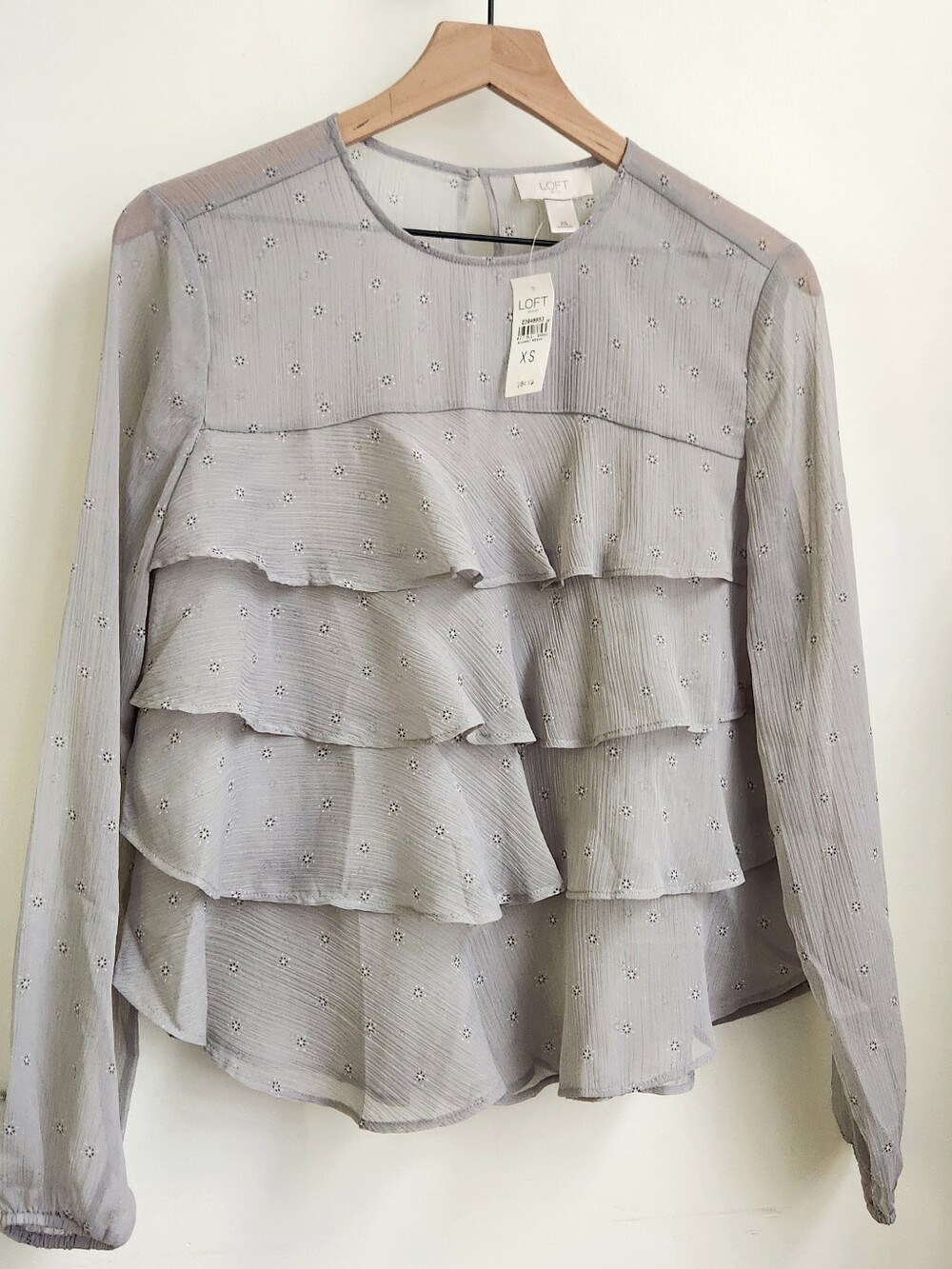 Loft Blouse Womens XS Grey New Tiered Ruffle Floral Dot Sheer Top Romantic Boho